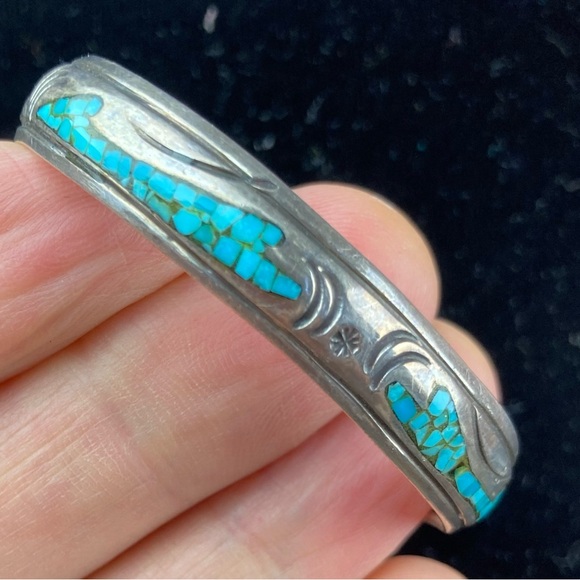 Navajo Signed J Nezzie Silver Turquoise Native American Cuff Bracelet  **As Is** - Picture 2 of 11